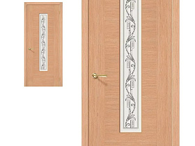 Межкомнатная дверь из шпона файн-лайн Браво Рондо Ф-01 Дуб Полотно со стеклом сатинато белое, техника шелкотрафаретной печати "витраж"