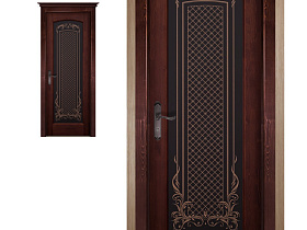Межкомнатная дверь из массива сосны Ока Витраж Браш Махагон,полотно со стеклом (графит закаленное с наплавом)