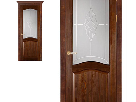 Межкомнатная дверь из массива сосны Ока Лео Браш Античный орех, полотно со стеклом